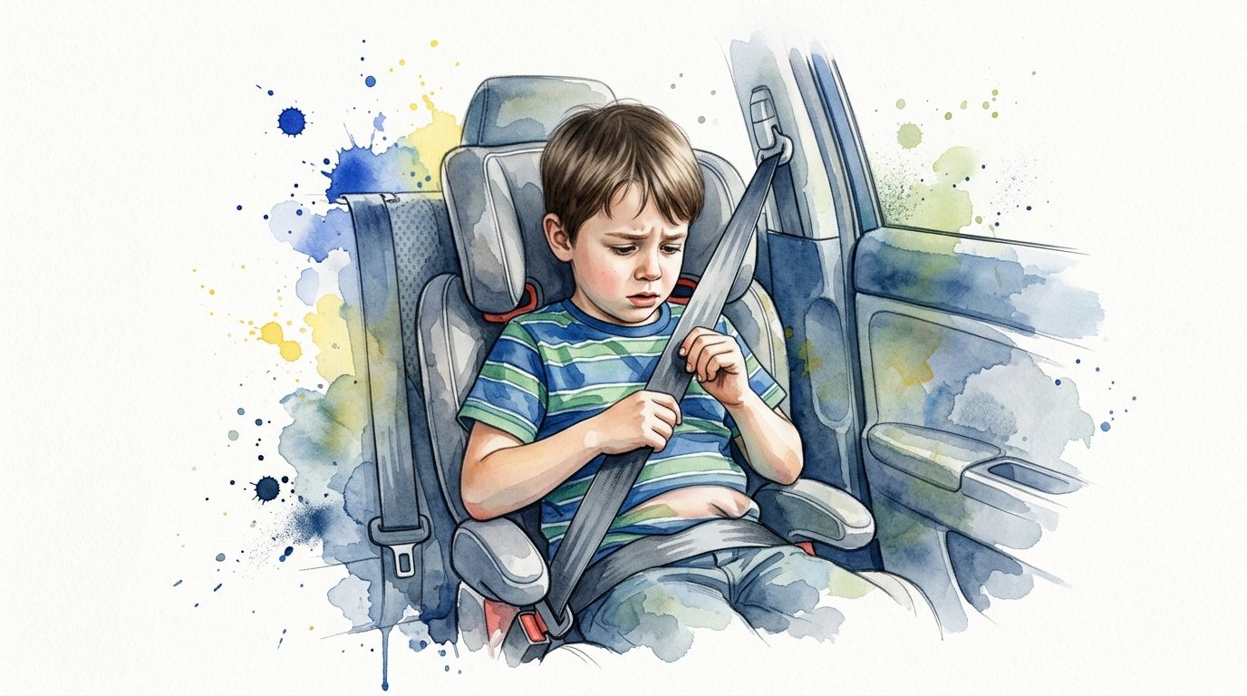 A young boy looking sad while sitting in a booster seat with his seatbelt securely fastened.