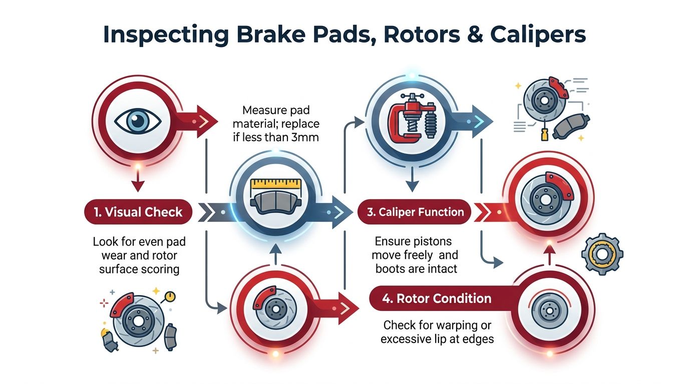 An infographic illustrating the four-step process for inspecting vehicle brake pads, rotors, and calipers for maintenance.