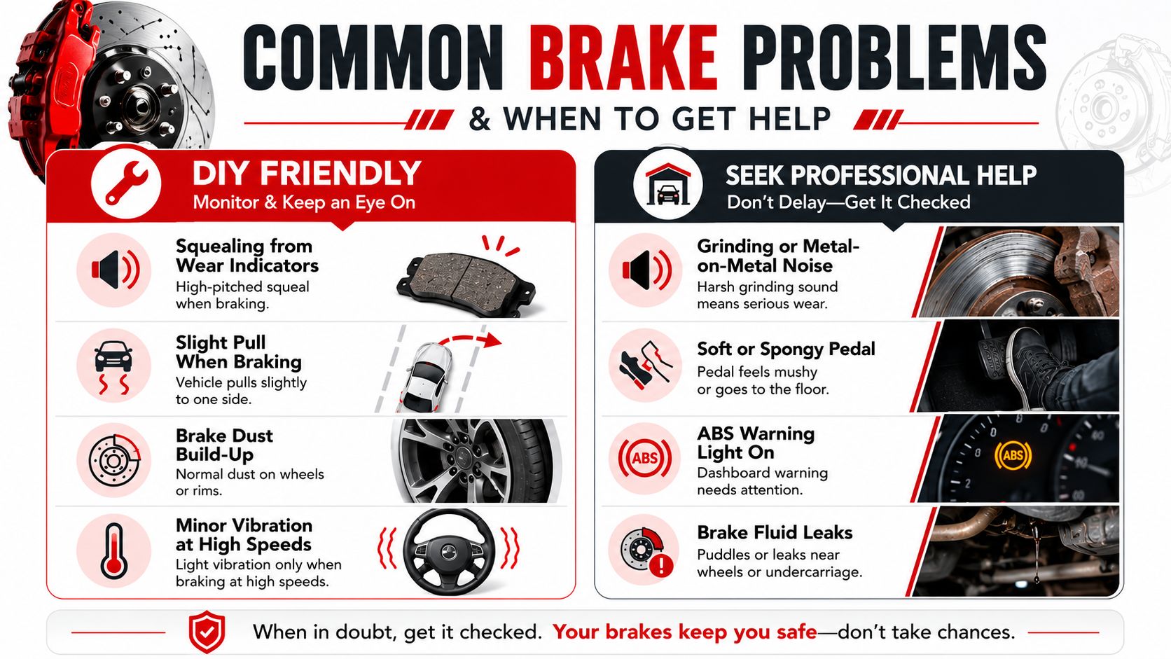 An infographic showing common brake problems and whether to monitor them or seek professional repair services.
