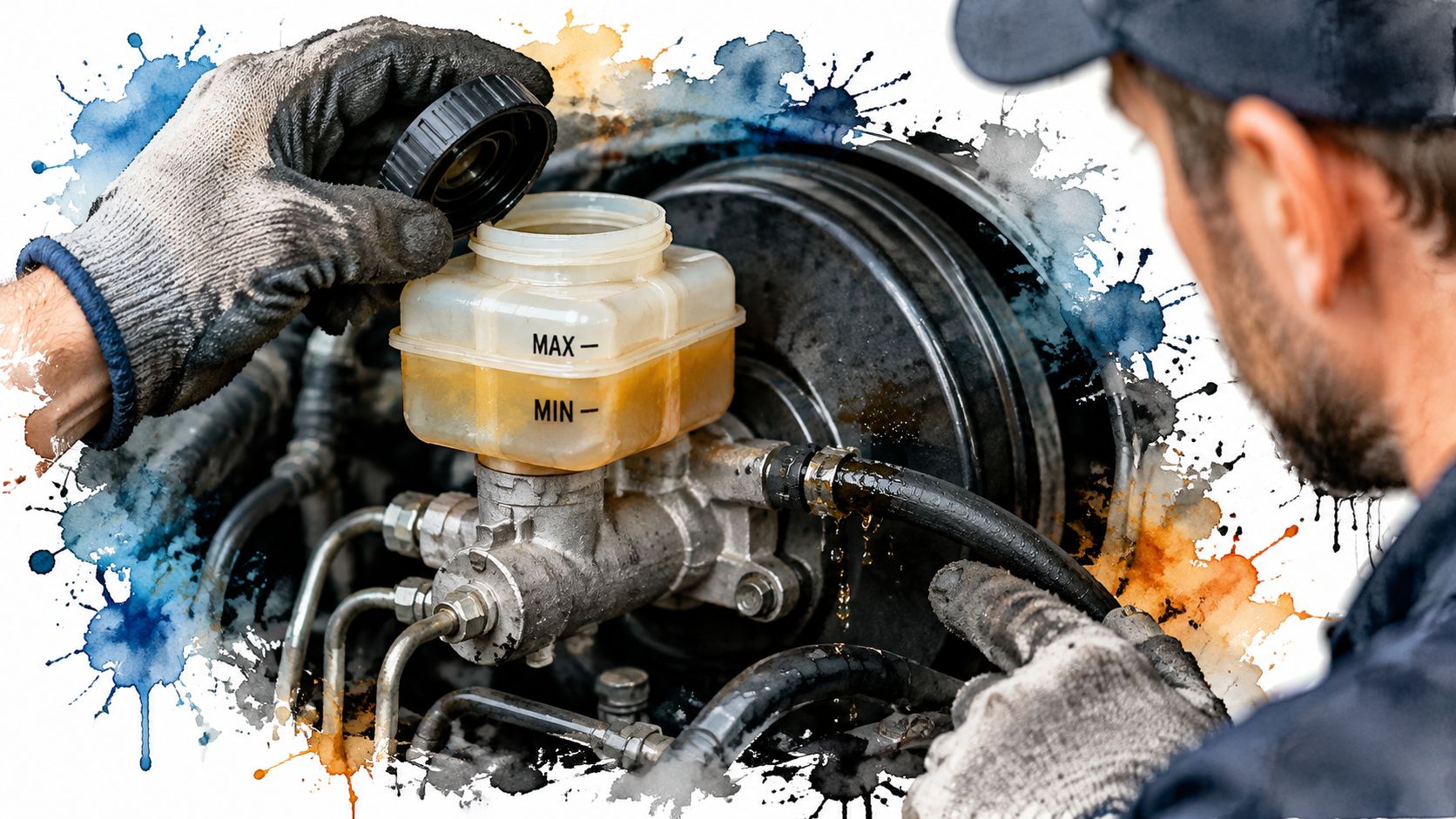 A professional mechanic wearing work gloves inspecting a car brake fluid reservoir under the hood.