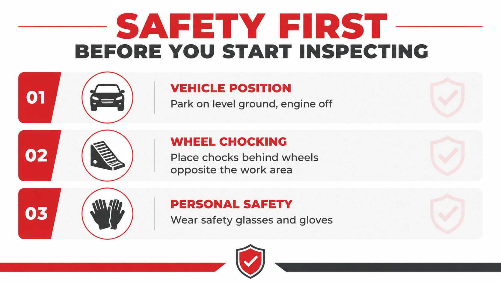 A safety checklist infographic for vehicle inspections listing parking, wheel chocking, and wearing protective gear.