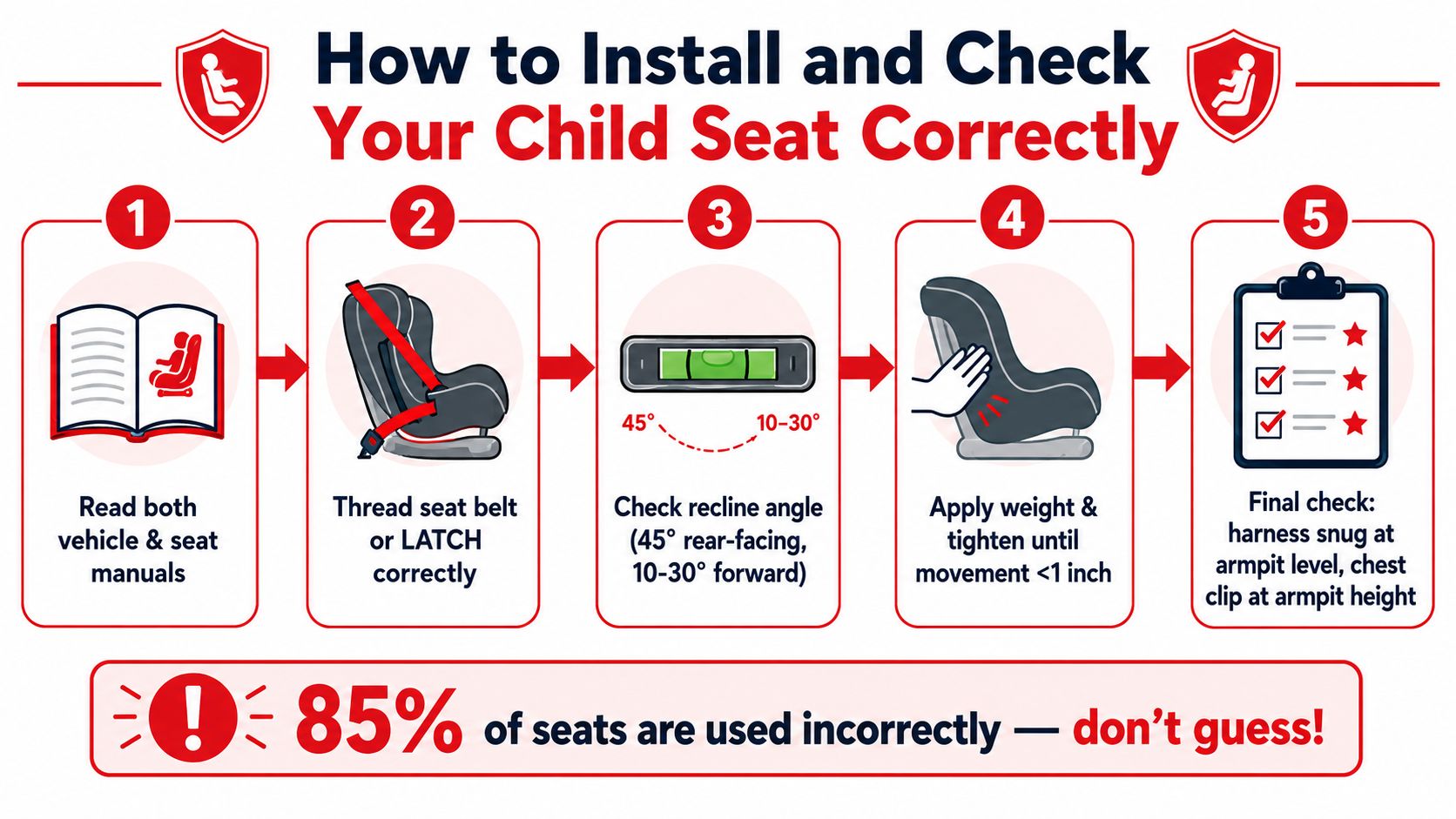 A step-by-step infographic illustrating how to safely install and verify a child safety car seat.