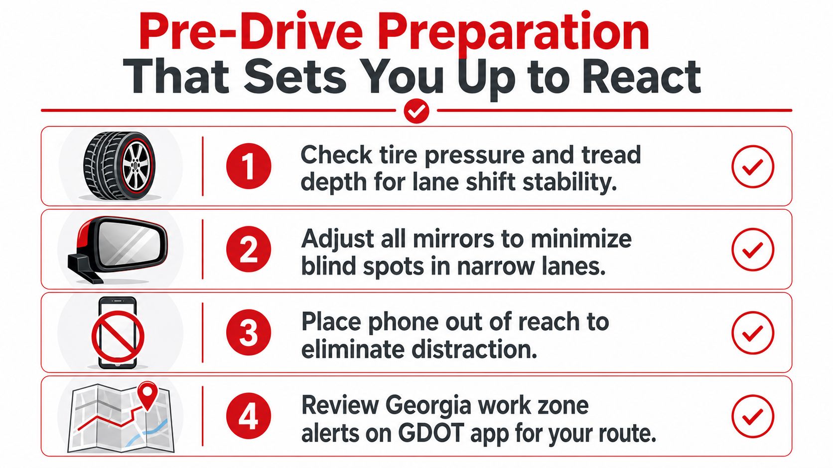 An infographic titled Pre-Drive Preparation listing four safety tips for drivers, including checking tires and mirrors.