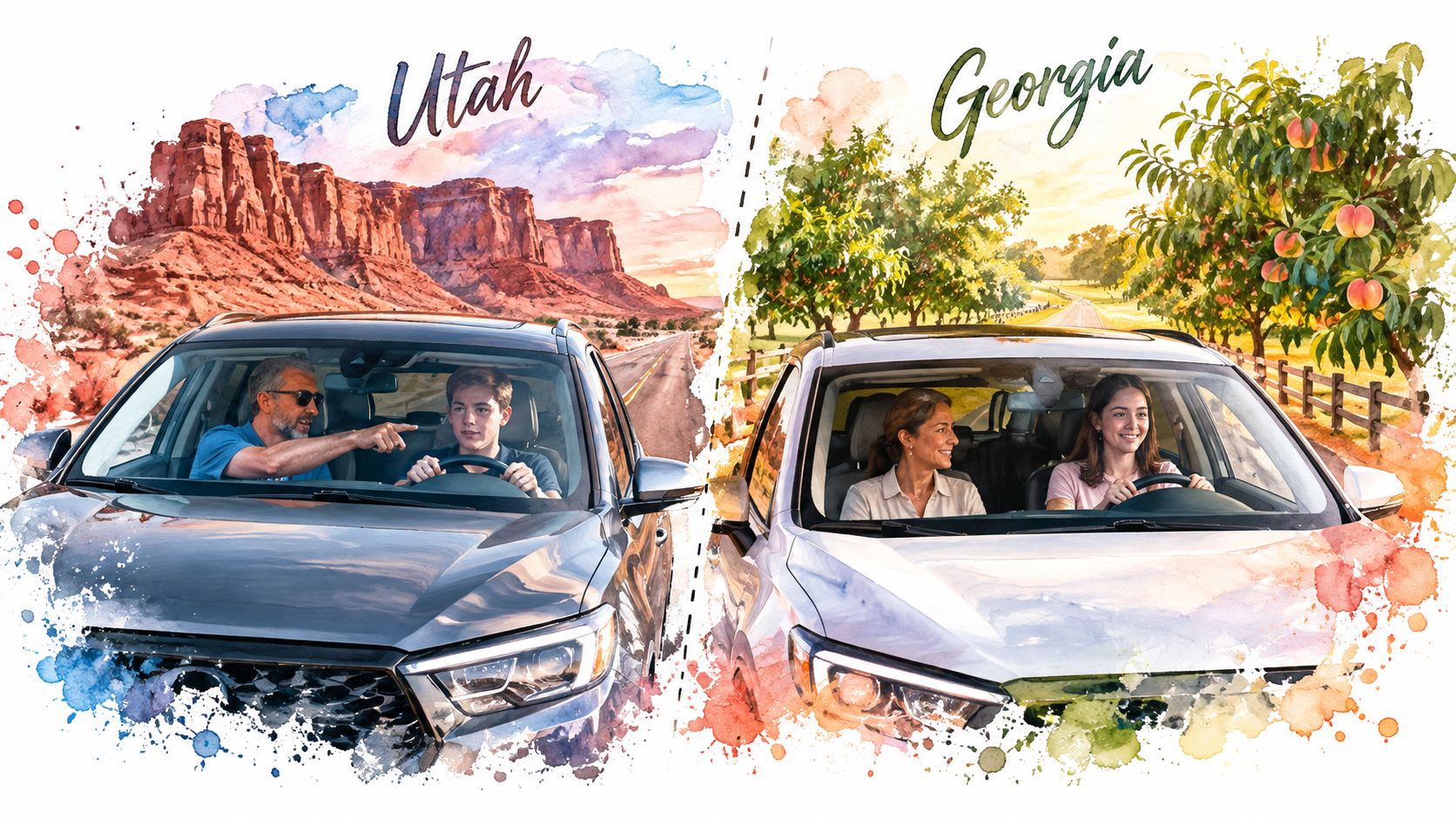A split image showing a father teaching his son to drive in Utah and a woman driving in Georgia.