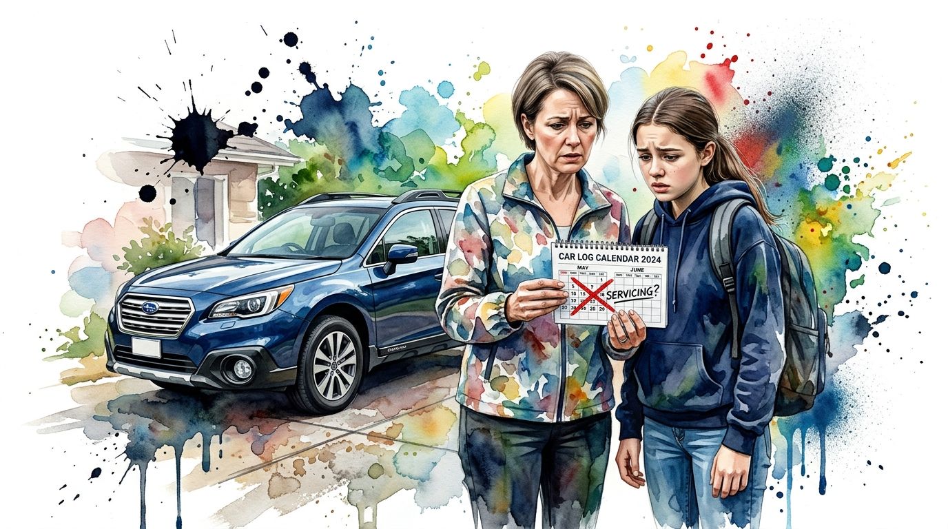 A concerned mother and daughter look at a car log calendar with a red cross over dates.