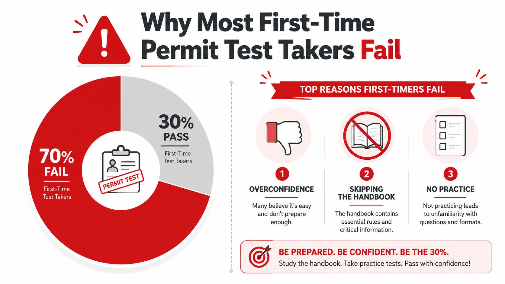 An infographic showing that 70 percent of first-time permit test takers fail due to lack of preparation.