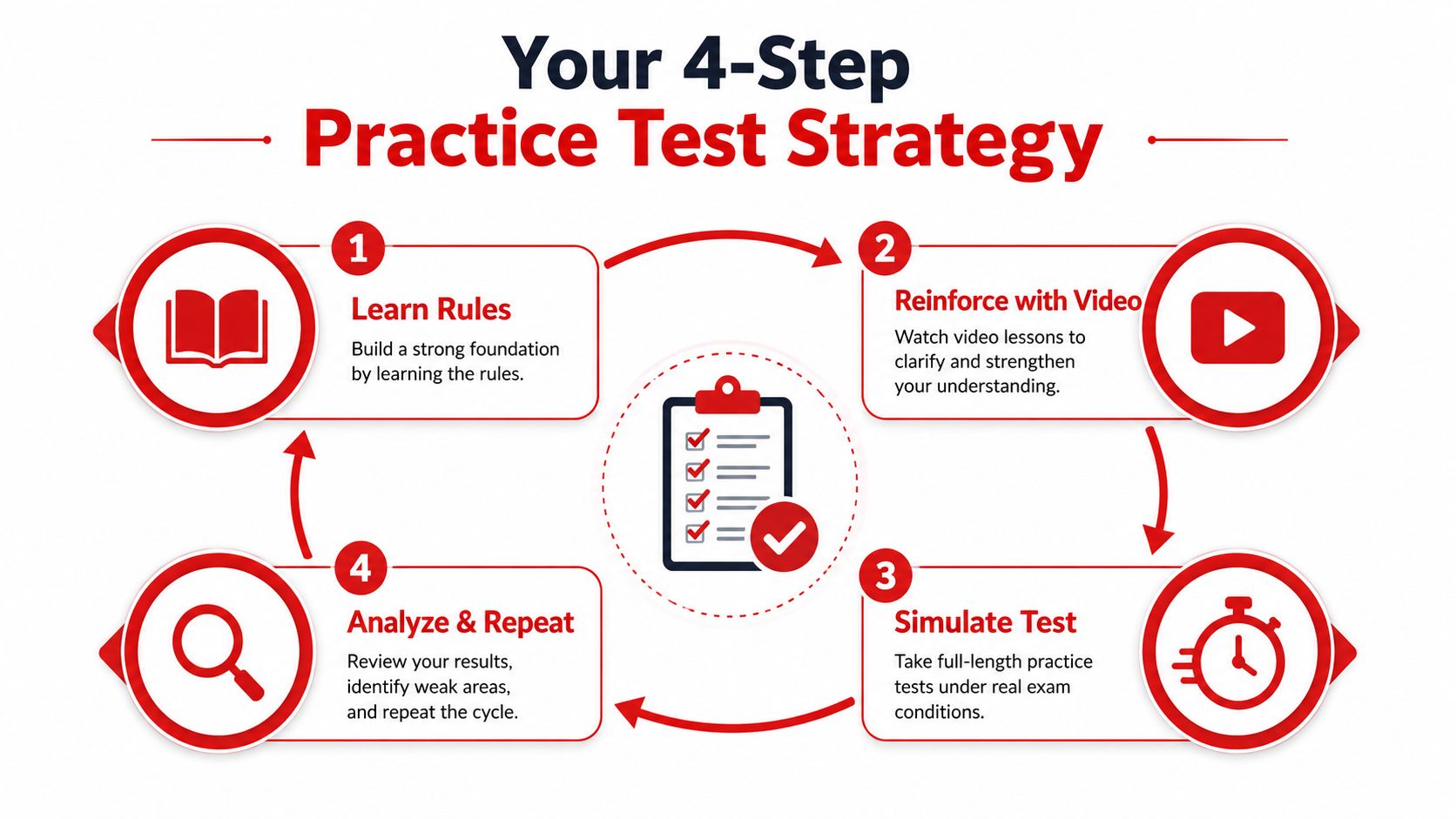 An infographic showing a 4-step cycle for effective practice test preparation, including learning rules and analyzing results.
