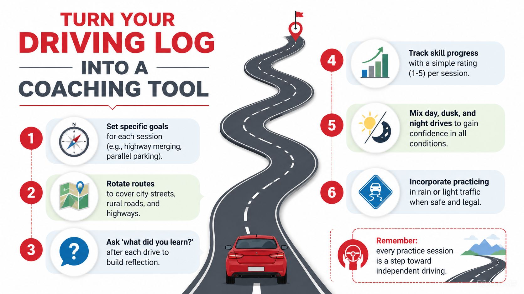 An infographic showing six tips to turn your driving log into an effective coaching tool for learners.