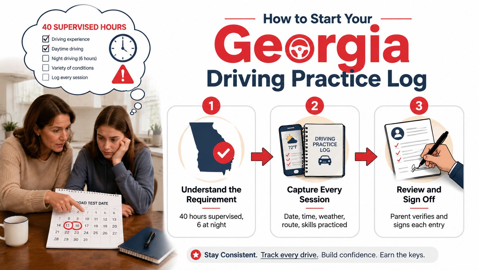 A woman helping a teenager track driving hours in a Georgia driving practice log for their license.