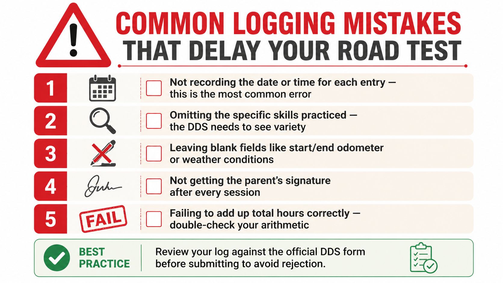 An infographic listing five common errors on driving practice logs that can delay a road test.