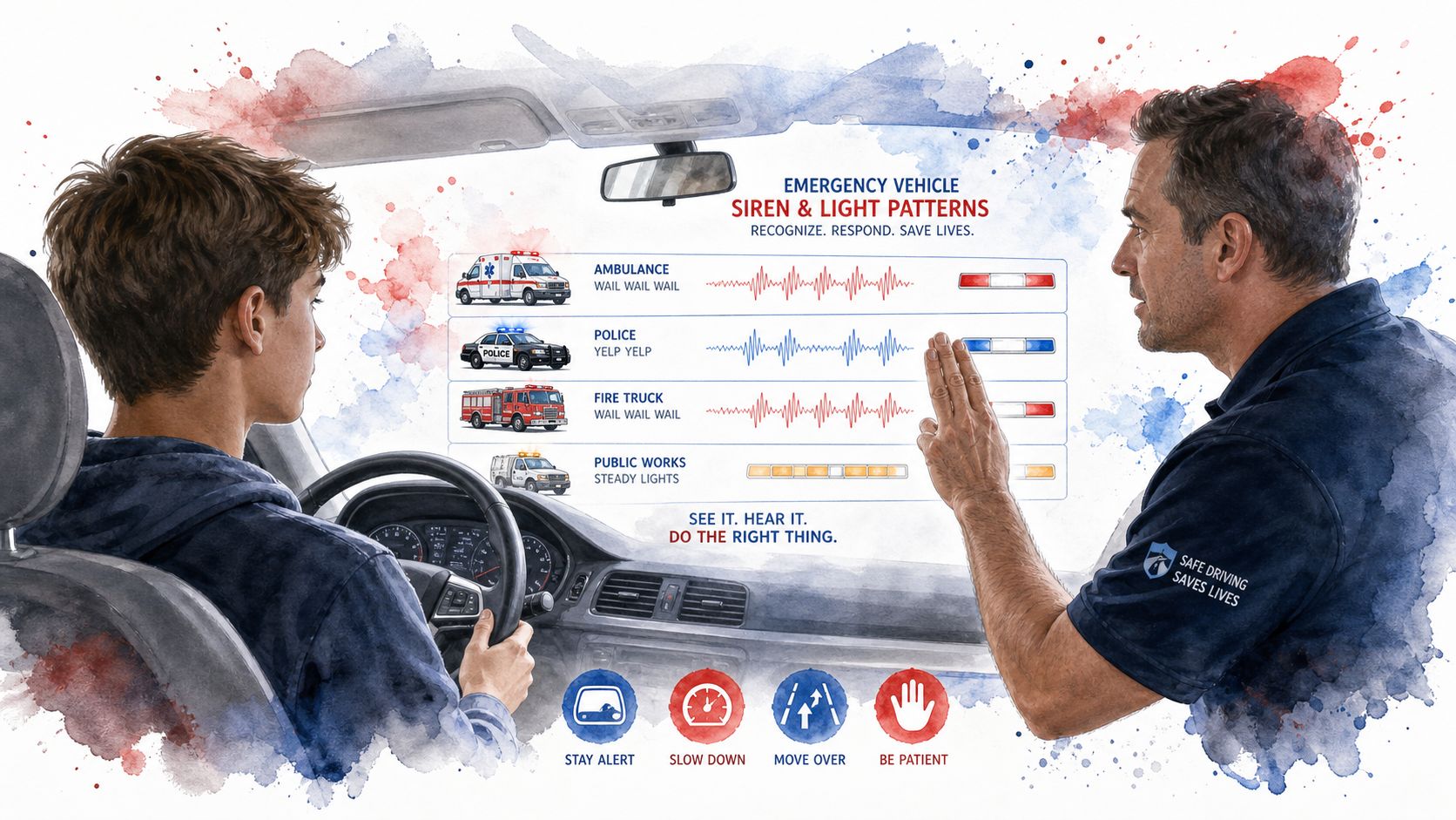 An instructor teaches a young driver about emergency vehicle siren and light patterns to improve road safety.