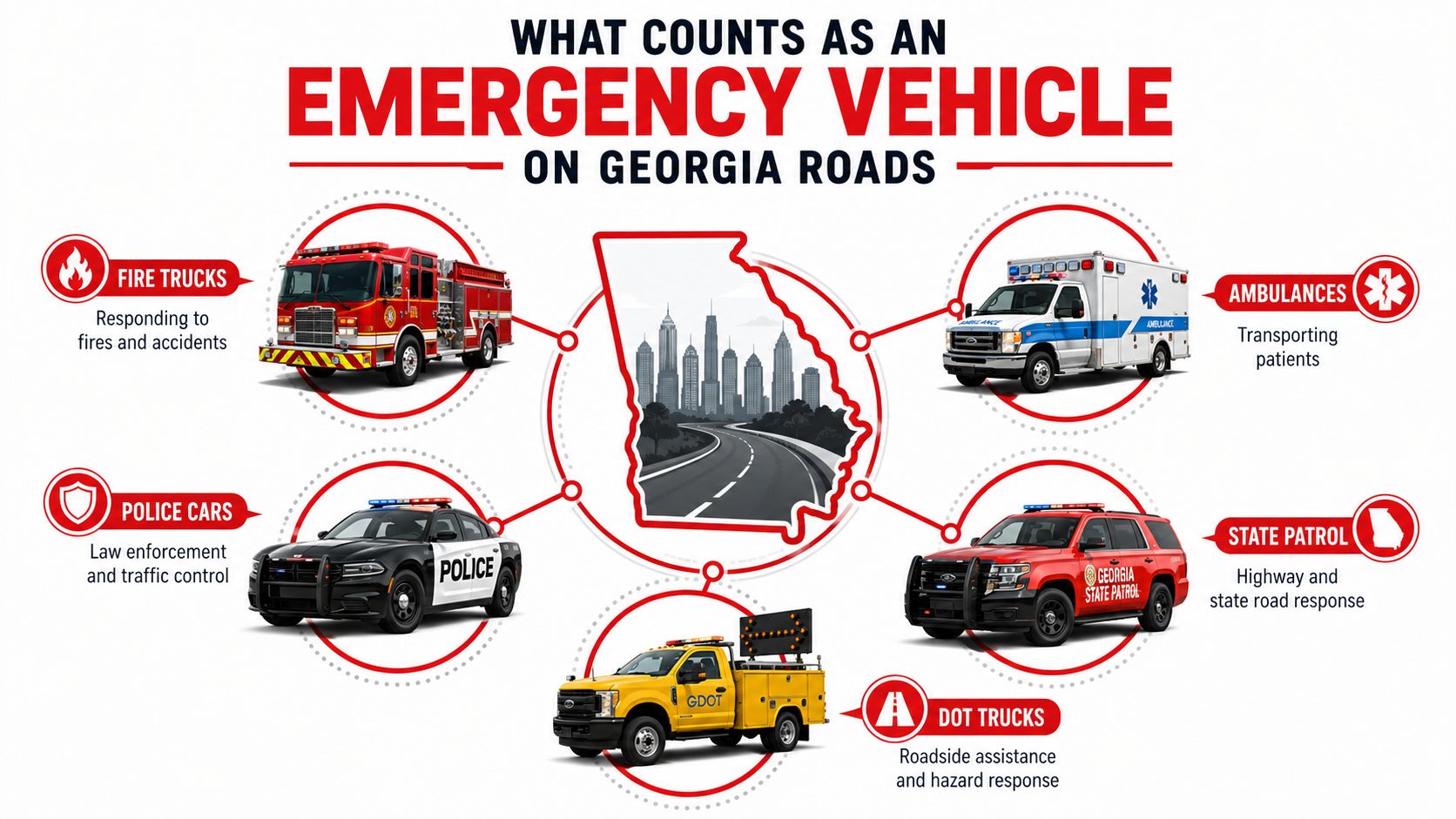 An infographic showing various Georgia emergency vehicles including fire trucks, ambulances, police cars, and road assistance vehicles.