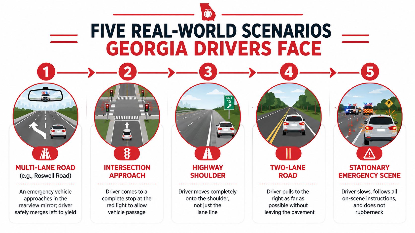 A graphic showing five common traffic scenarios for Georgia drivers interacting with emergency vehicles and road safety.