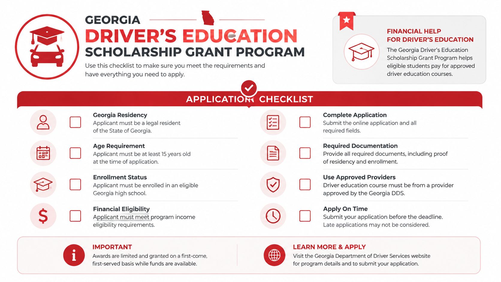 An infographic checklist outlining eligibility requirements for the Georgia Driver's Education Scholarship Grant Program for students.