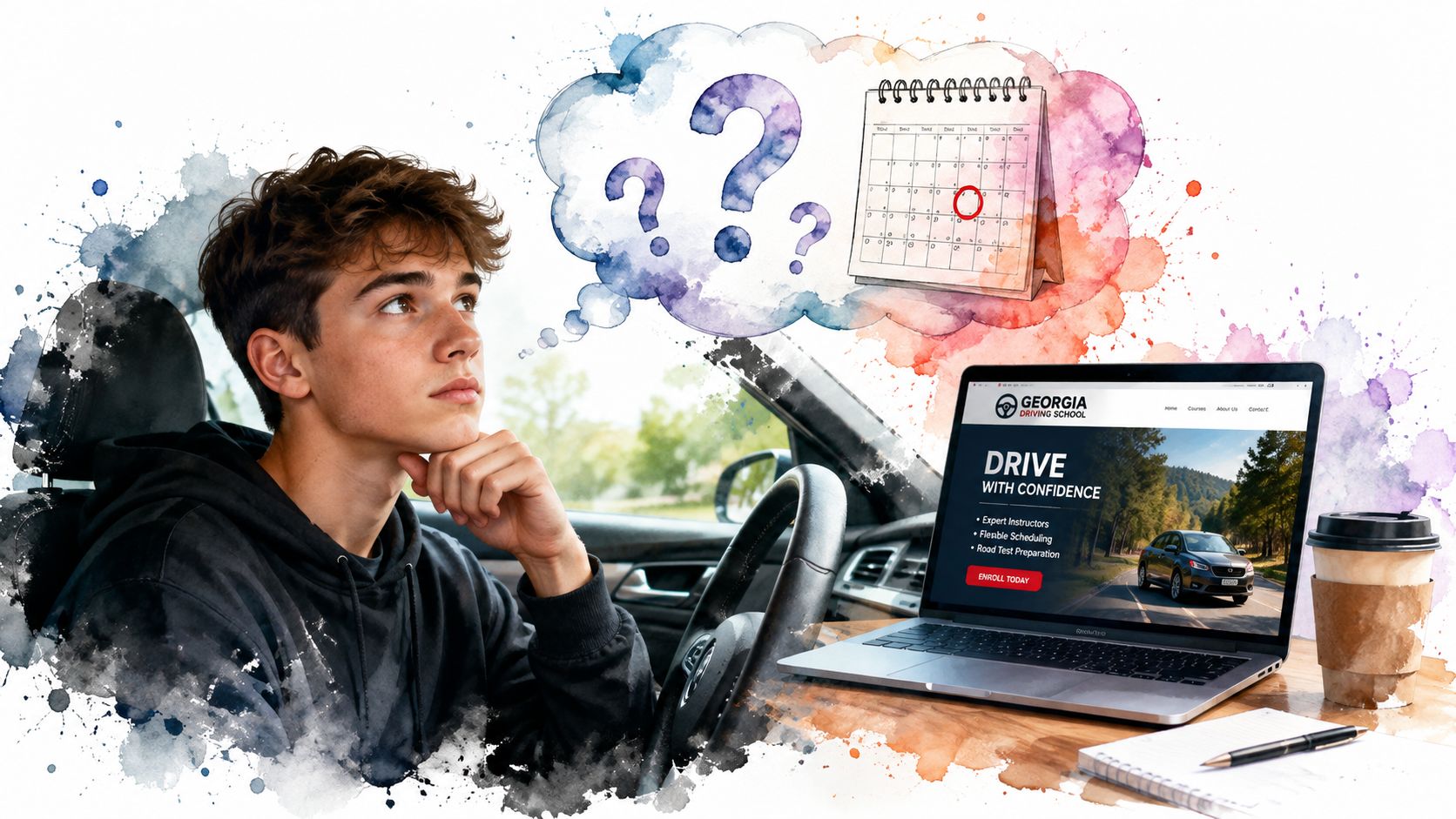 A young man sits in a car, thoughtfully considering a calendar, looking for driving lesson scheduling options.