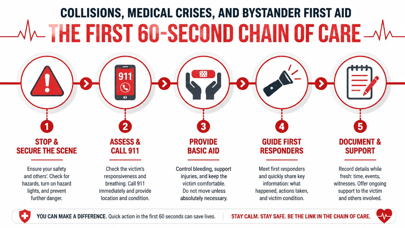 A five-step infographic showing the first 60-second chain of care for emergency response situations.