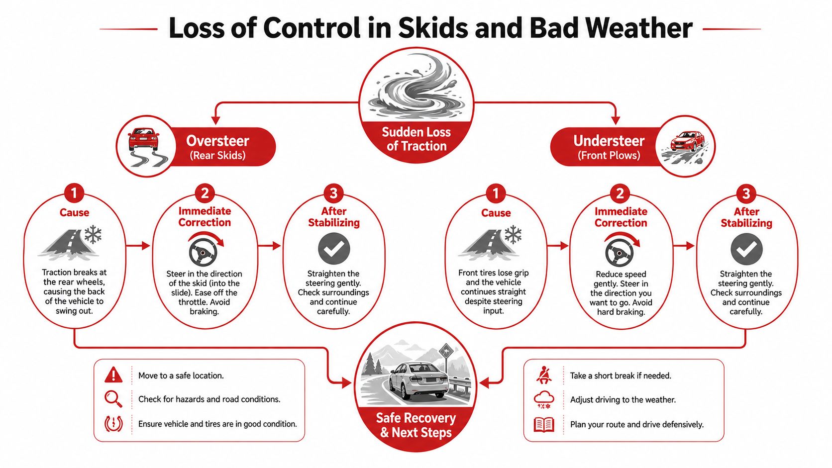 A safety infographic illustrating how to handle vehicle oversteer and understeer in snowy or slippery road conditions.