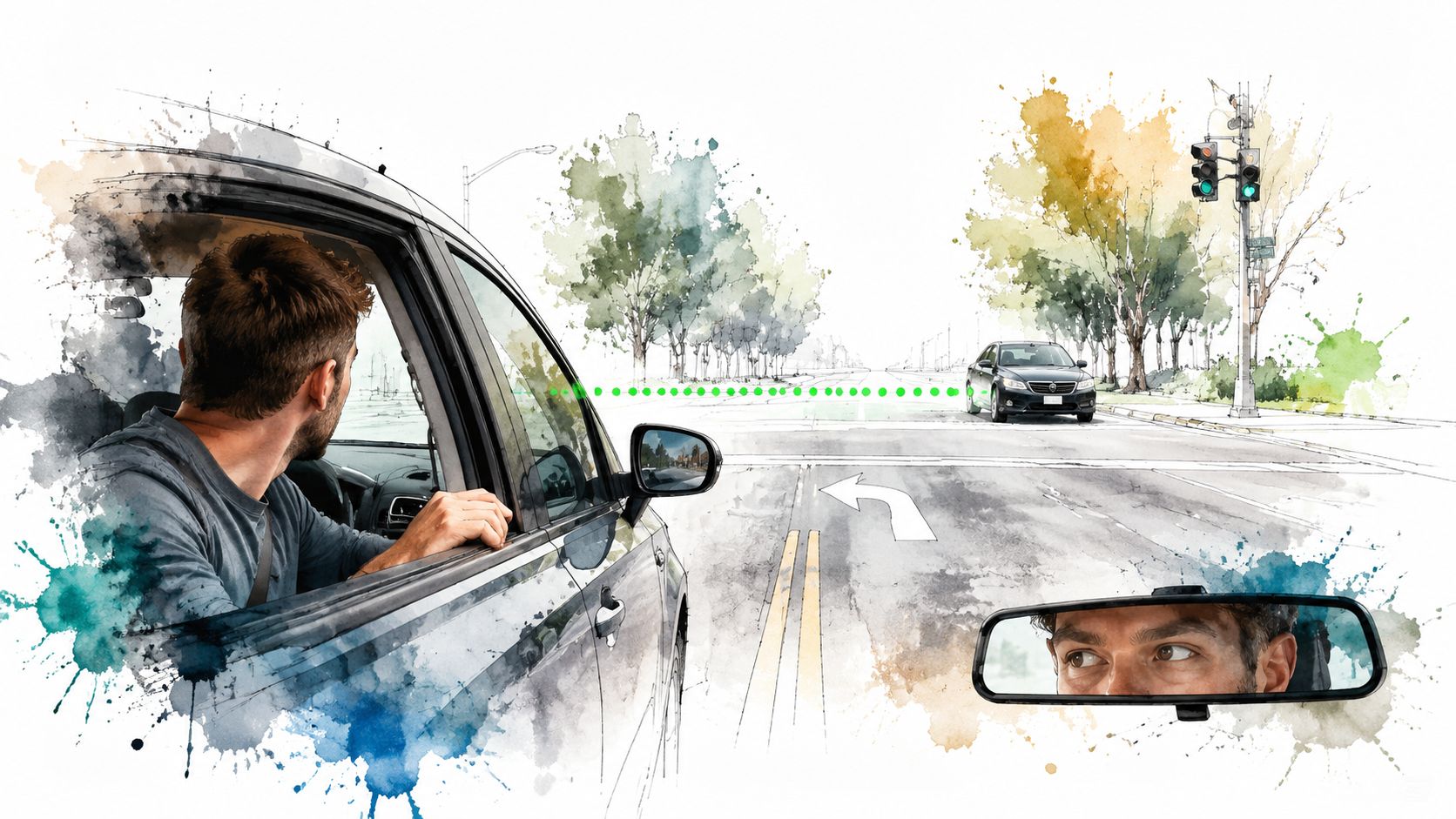 A driver checking his surroundings at an intersection with a car approaching from the opposite direction.