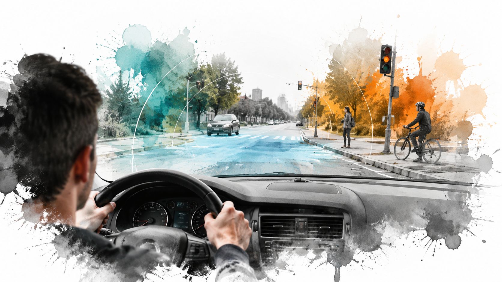 A driver focused on the road while driving a car near a busy city intersection