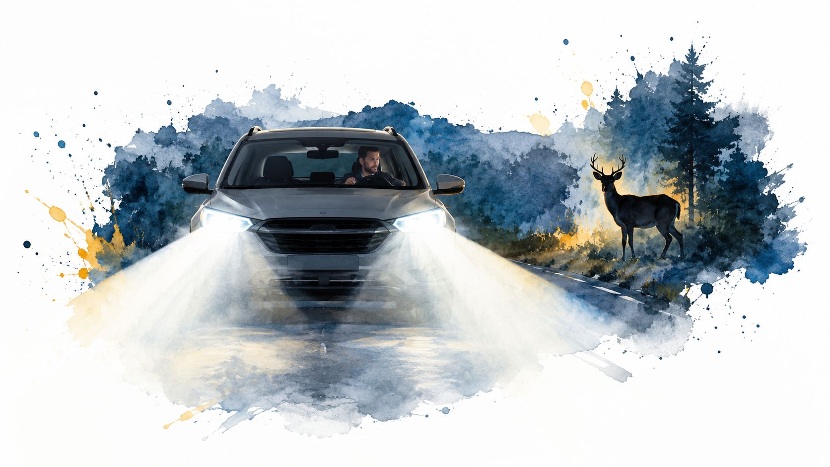 A silver SUV driving at night on a dark road towards a deer standing in the forest.