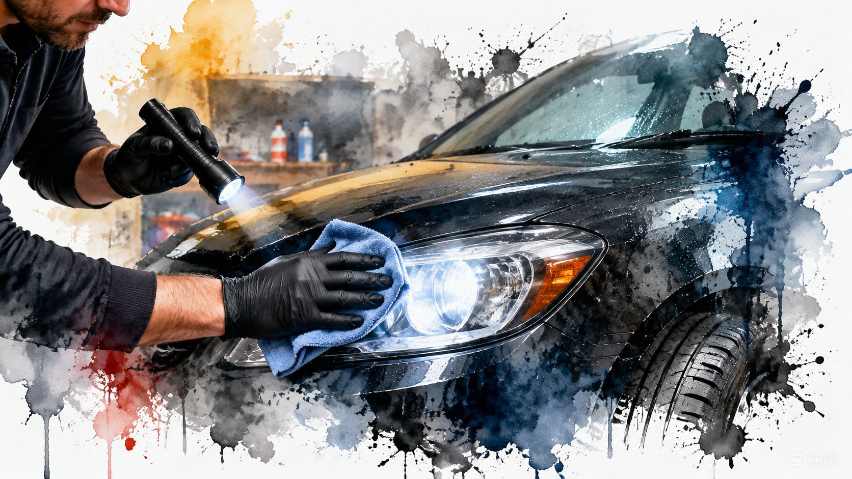 A professional technician carefully cleans and inspects a clean car headlight in a well-lit workshop.