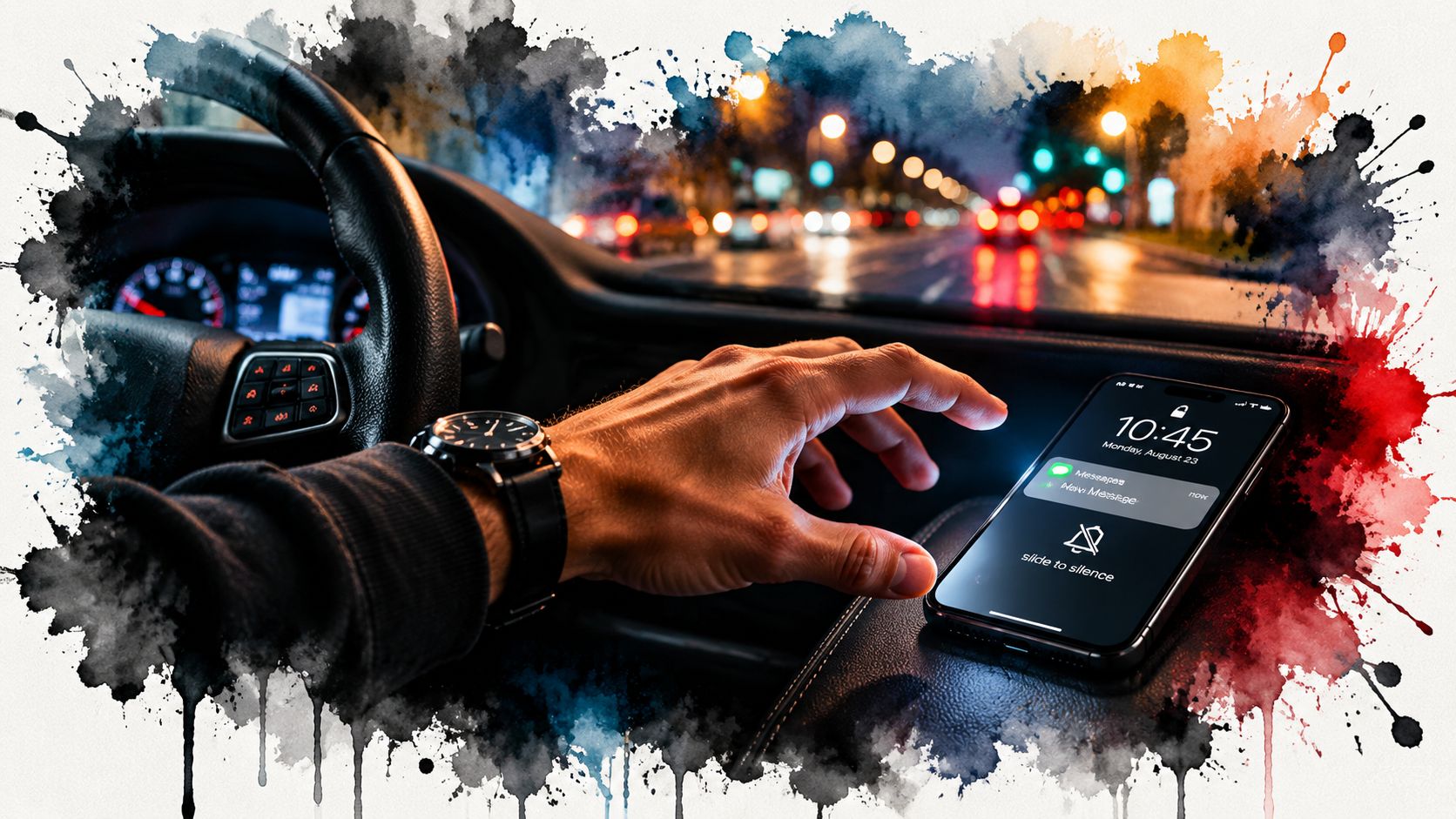 A close-up of a person reaching for a smartphone while driving a car at night.