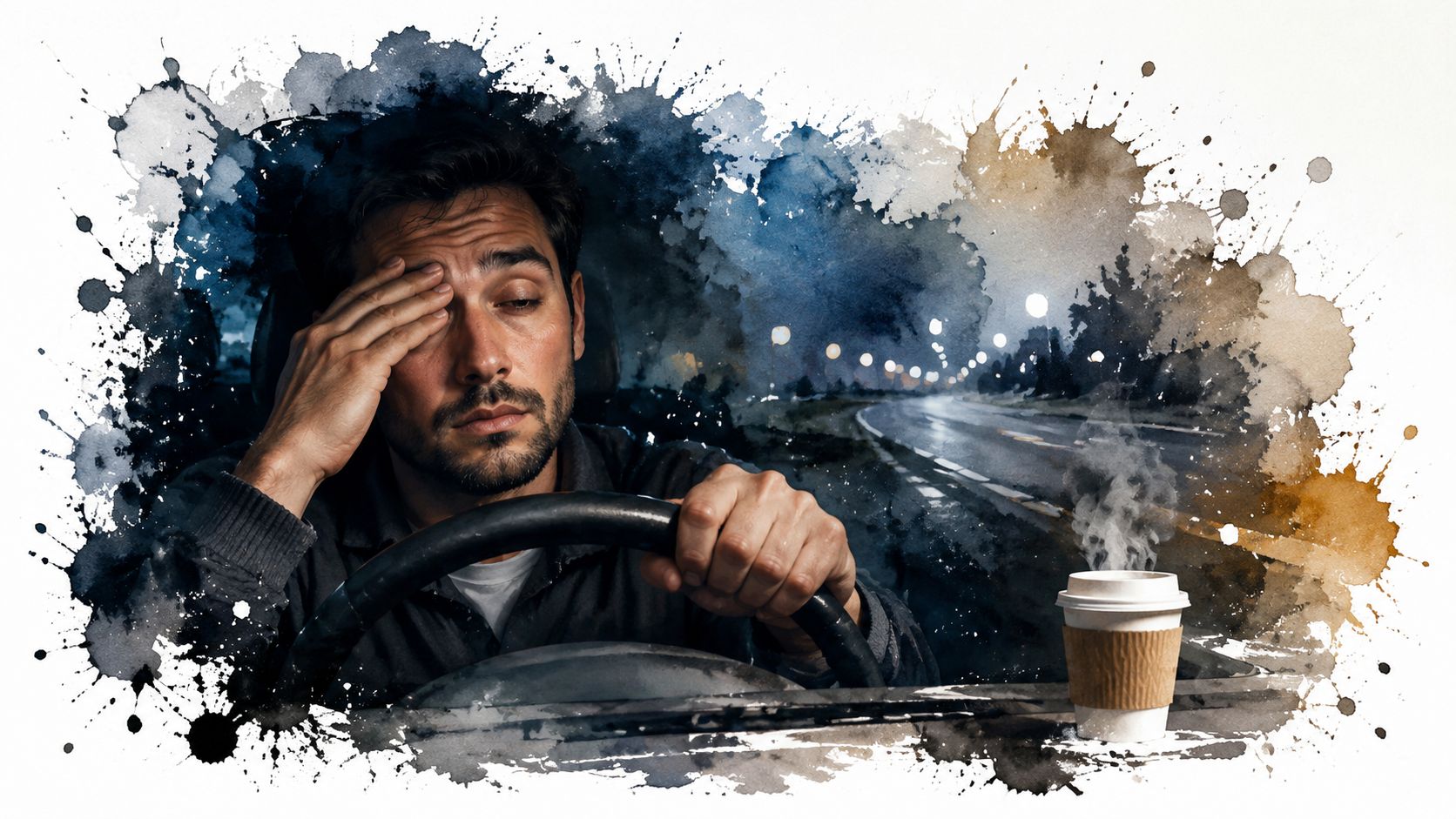 A tired, stressed driver holding his head while driving on a dark highway at night with coffee.