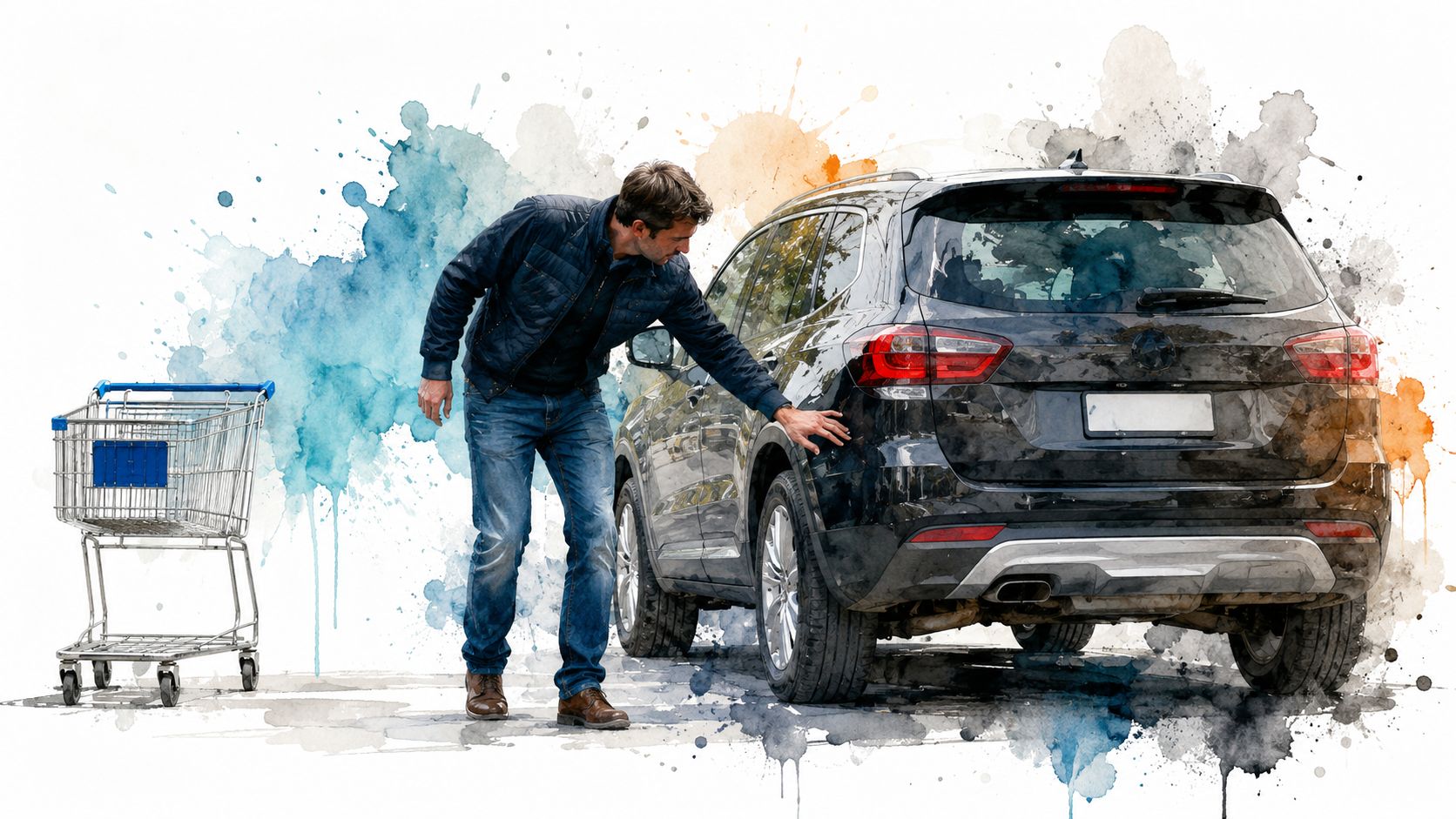 A man inspecting a scratch on his car parked near a shopping cart in a parking lot.