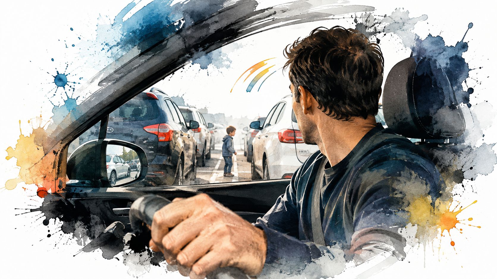 A driver looking out the window while a young child walks between cars in a parking lot.