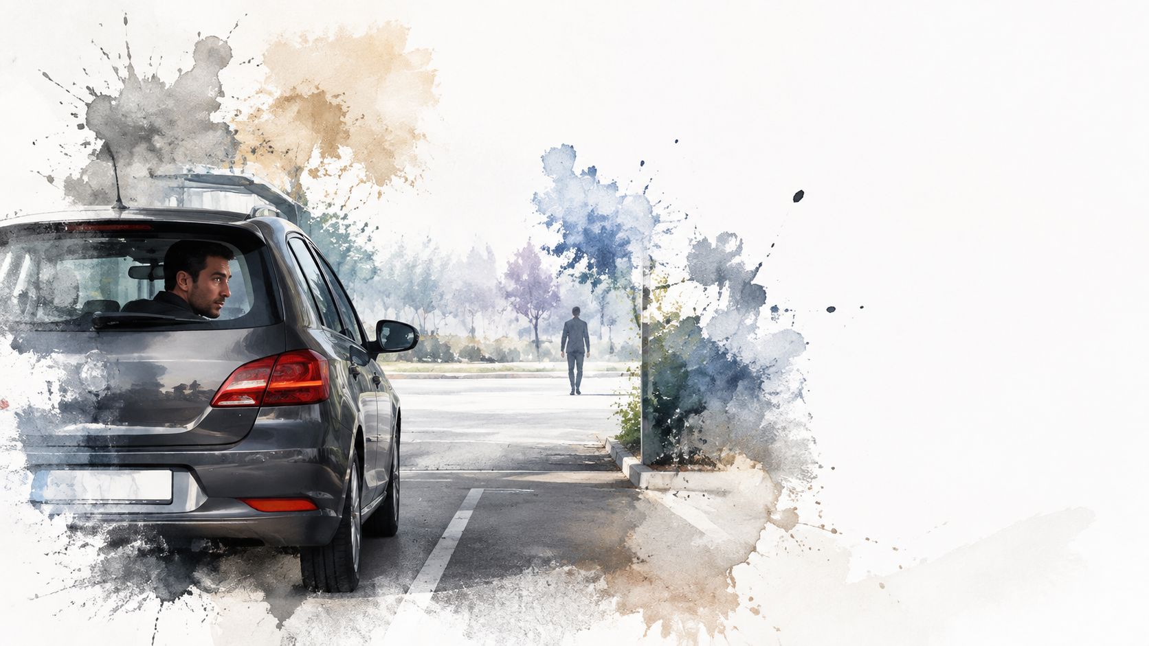 A man looks back from his parked car as another man walks away in a parking lot.