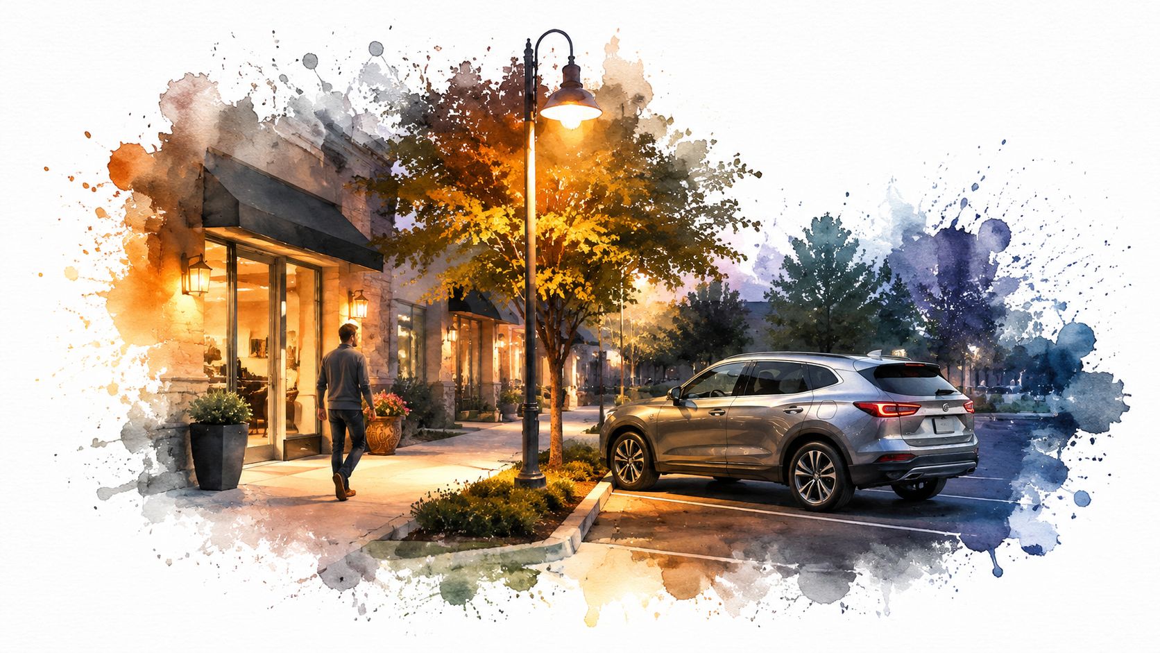 A man walks towards a storefront near a parked silver SUV in a watercolor-style parking lot scene.