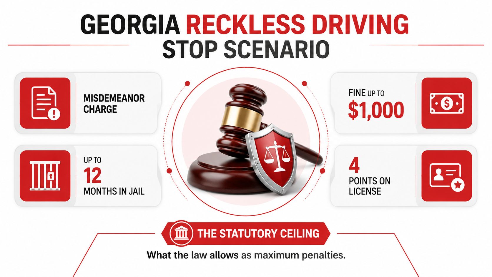An infographic showing maximum legal penalties for reckless driving in Georgia including jail, fines, and license points.