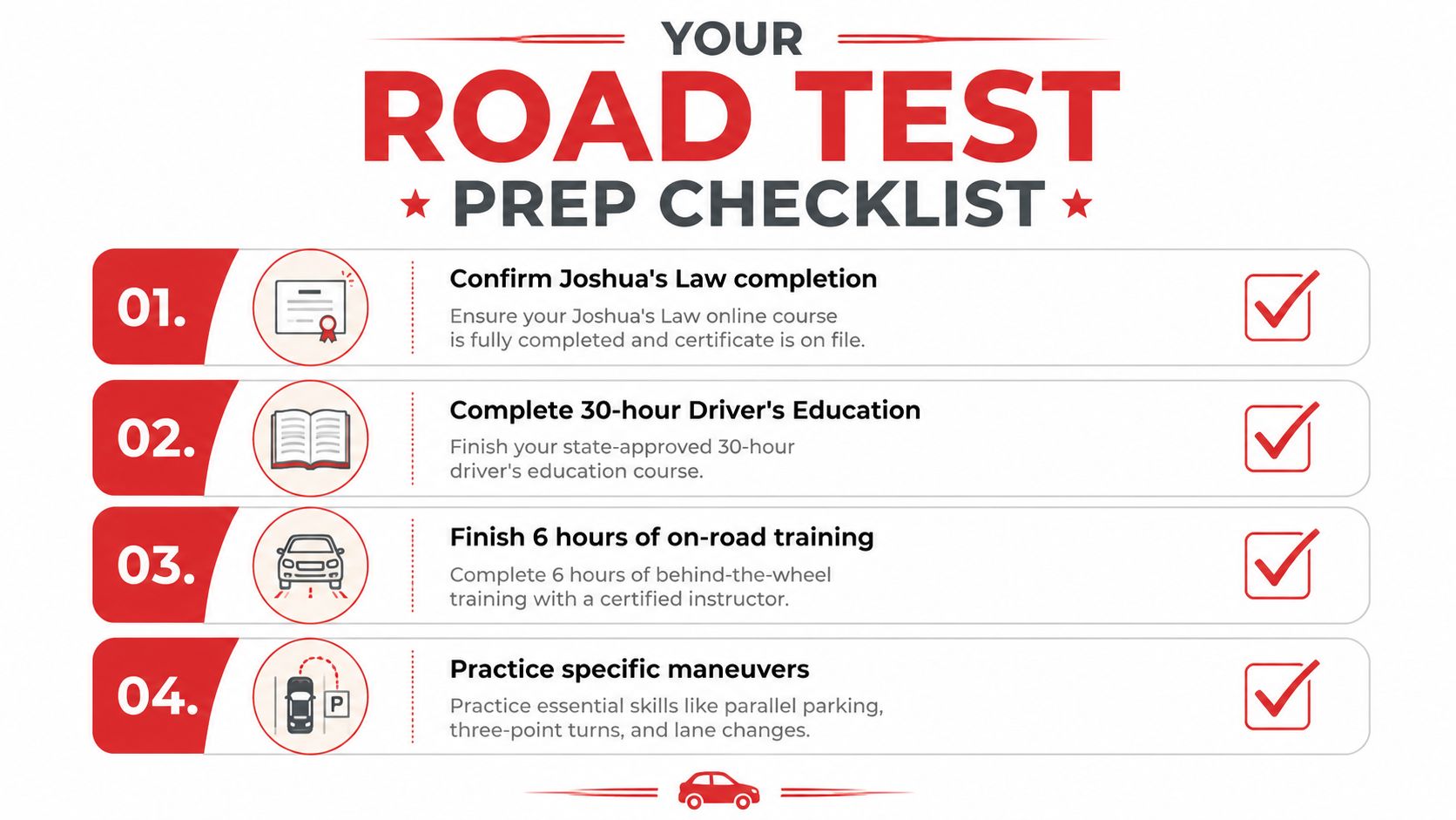 A checklist for road test preparation showing four essential steps for student drivers to complete.
