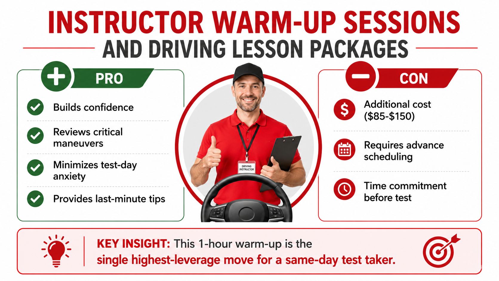 A driving instructor holding a clipboard, illustrating the pros and cons of same-day road test warm-up sessions.