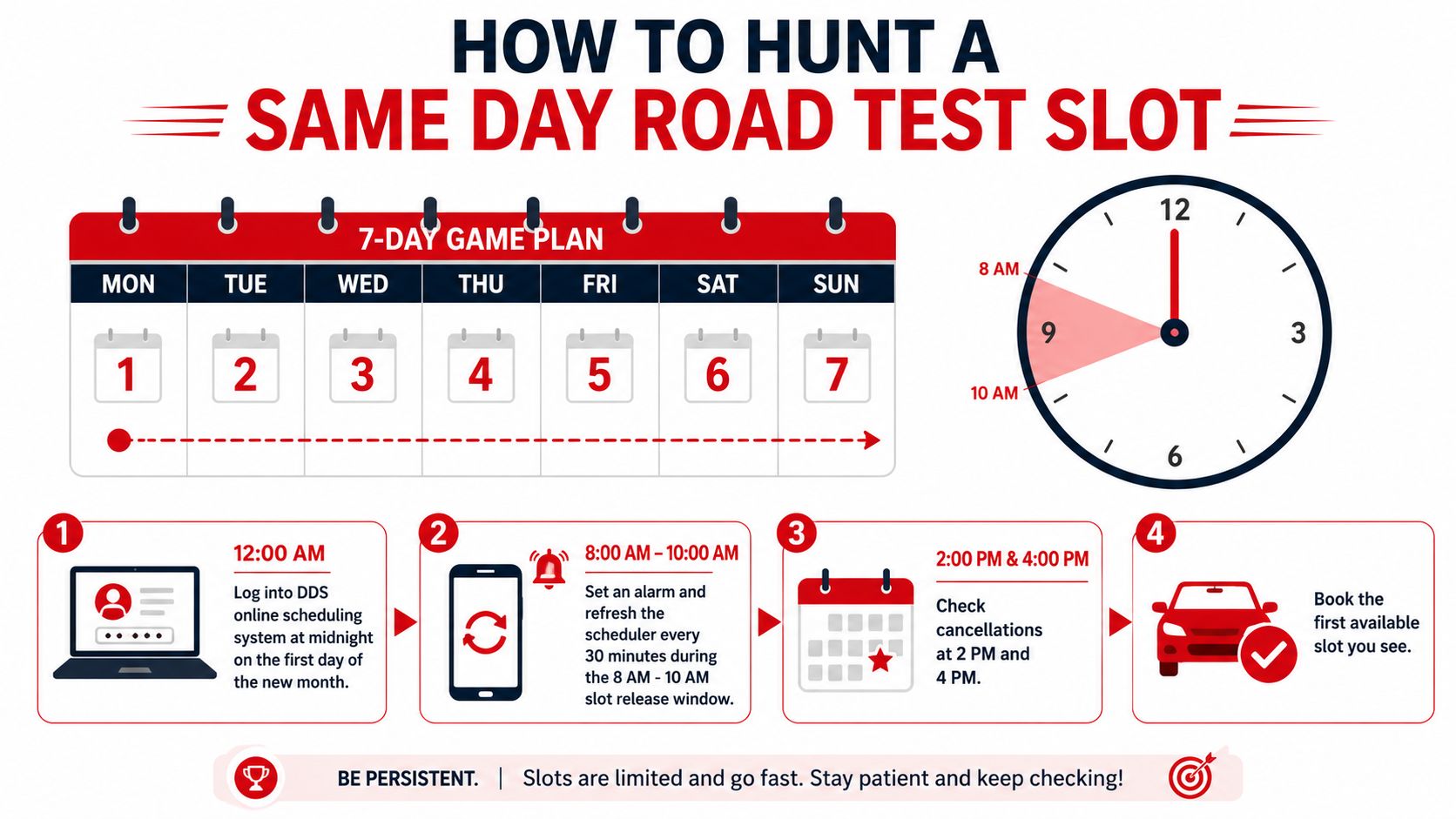 An infographic titled How to Hunt a Same Day Road Test Slot with four instructional steps.