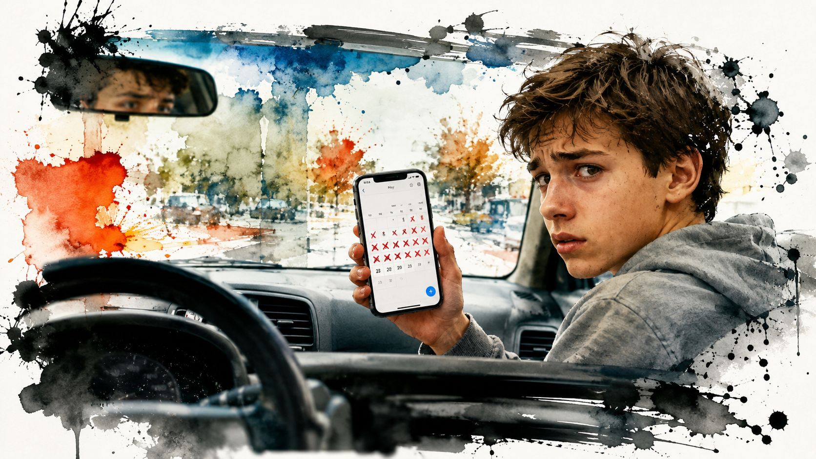 A young man sits in a car looking concerned while showing a calendar app filled with red Xs.