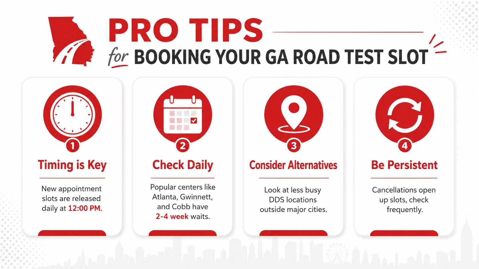 An infographic detailing four pro tips for booking a Georgia road test appointment for a driver's license.