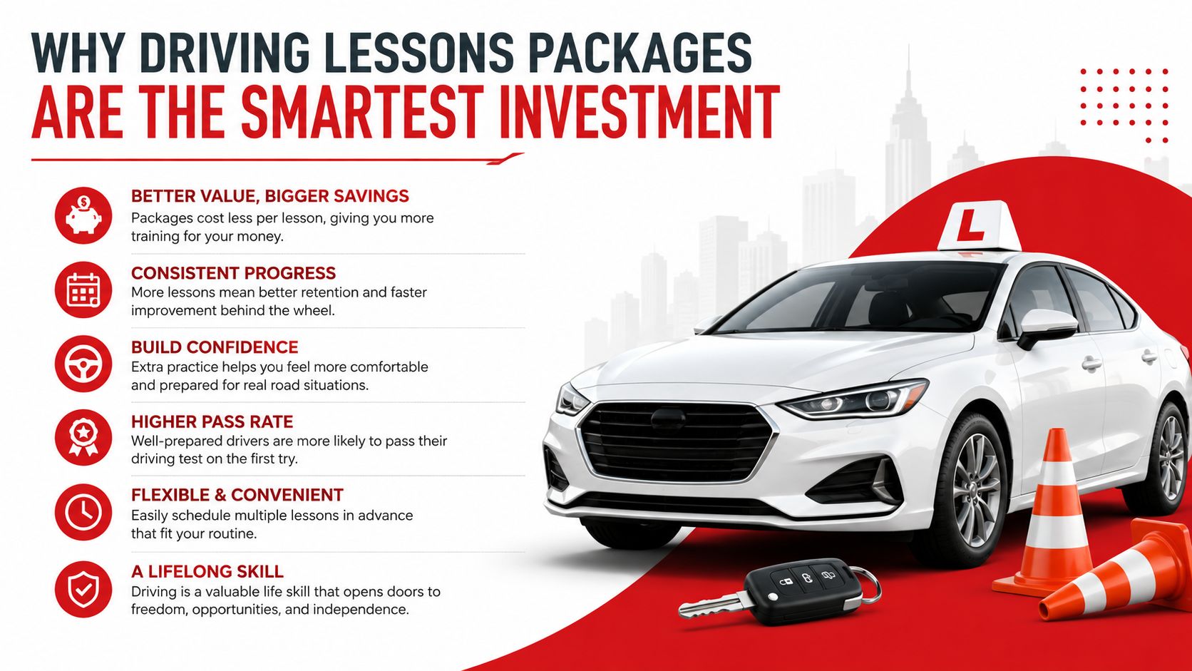 An infographic showing the benefits of purchasing driving lesson packages, featuring a student driver car with an L sign.