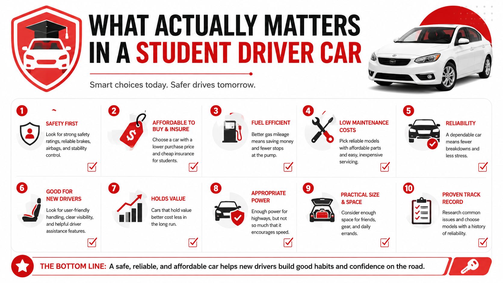 An infographic detailing the top ten important factors to consider when choosing a car for a student driver.