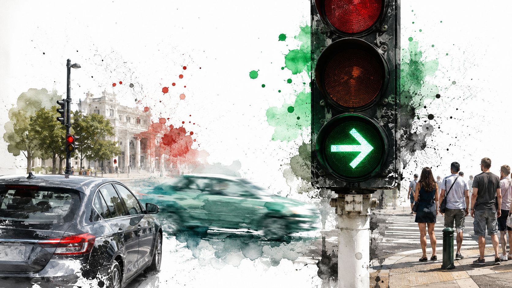 A digital art illustration of a traffic signal with a green arrow beside cars and pedestrians.