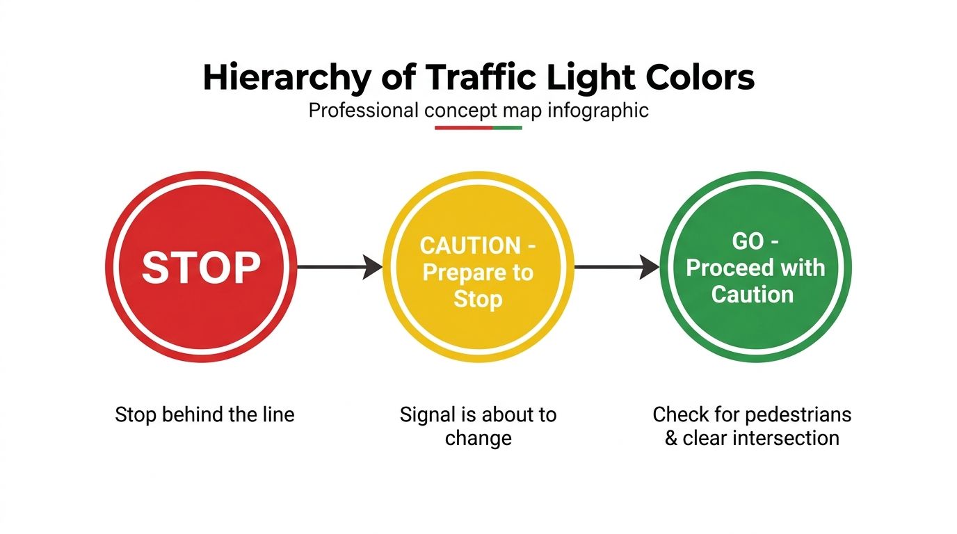 A professional infographic illustrating the standard hierarchy and meanings of red, yellow, and green traffic lights.