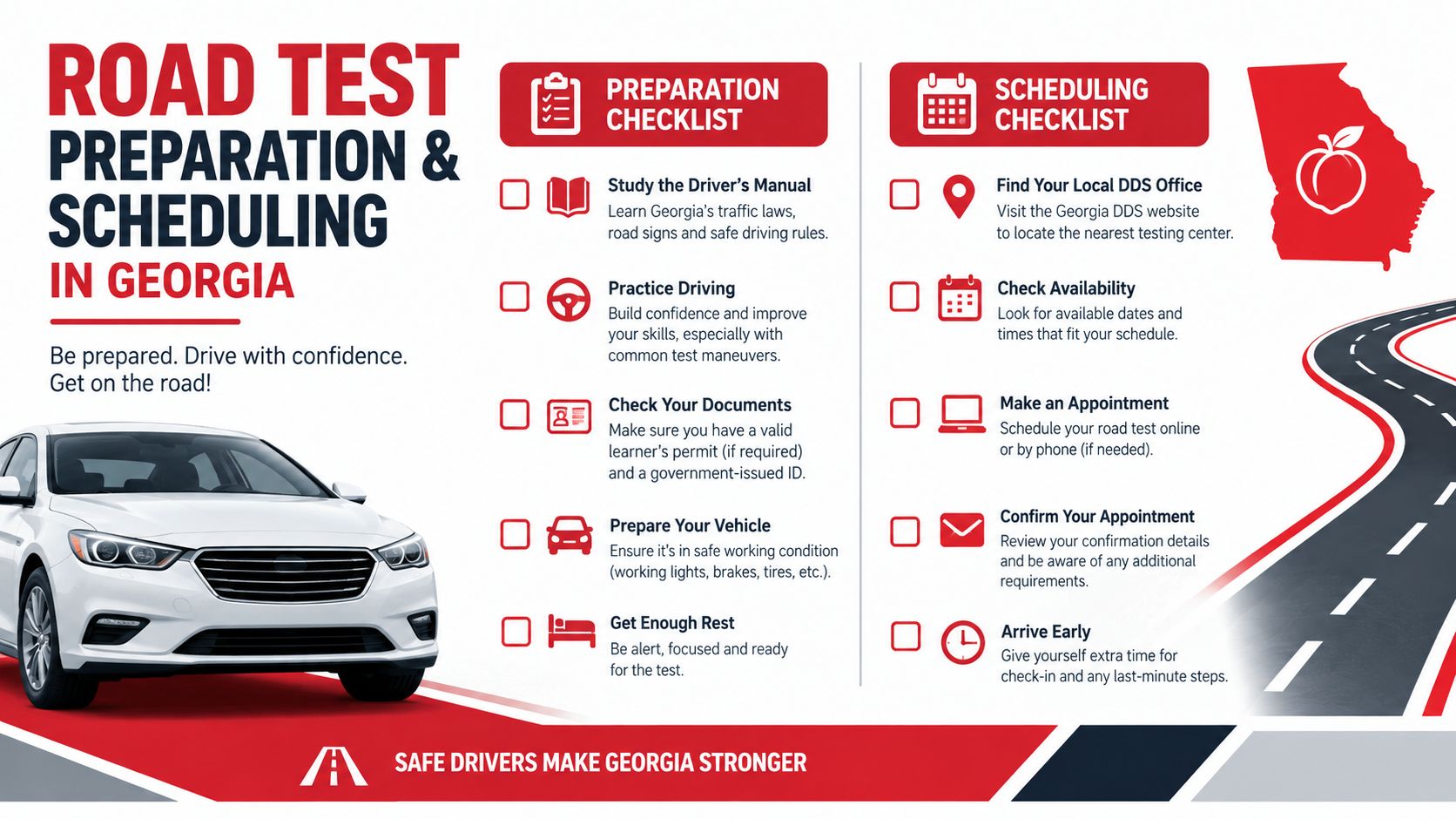 A helpful infographic showing a road test preparation and scheduling checklist for new drivers in Georgia.