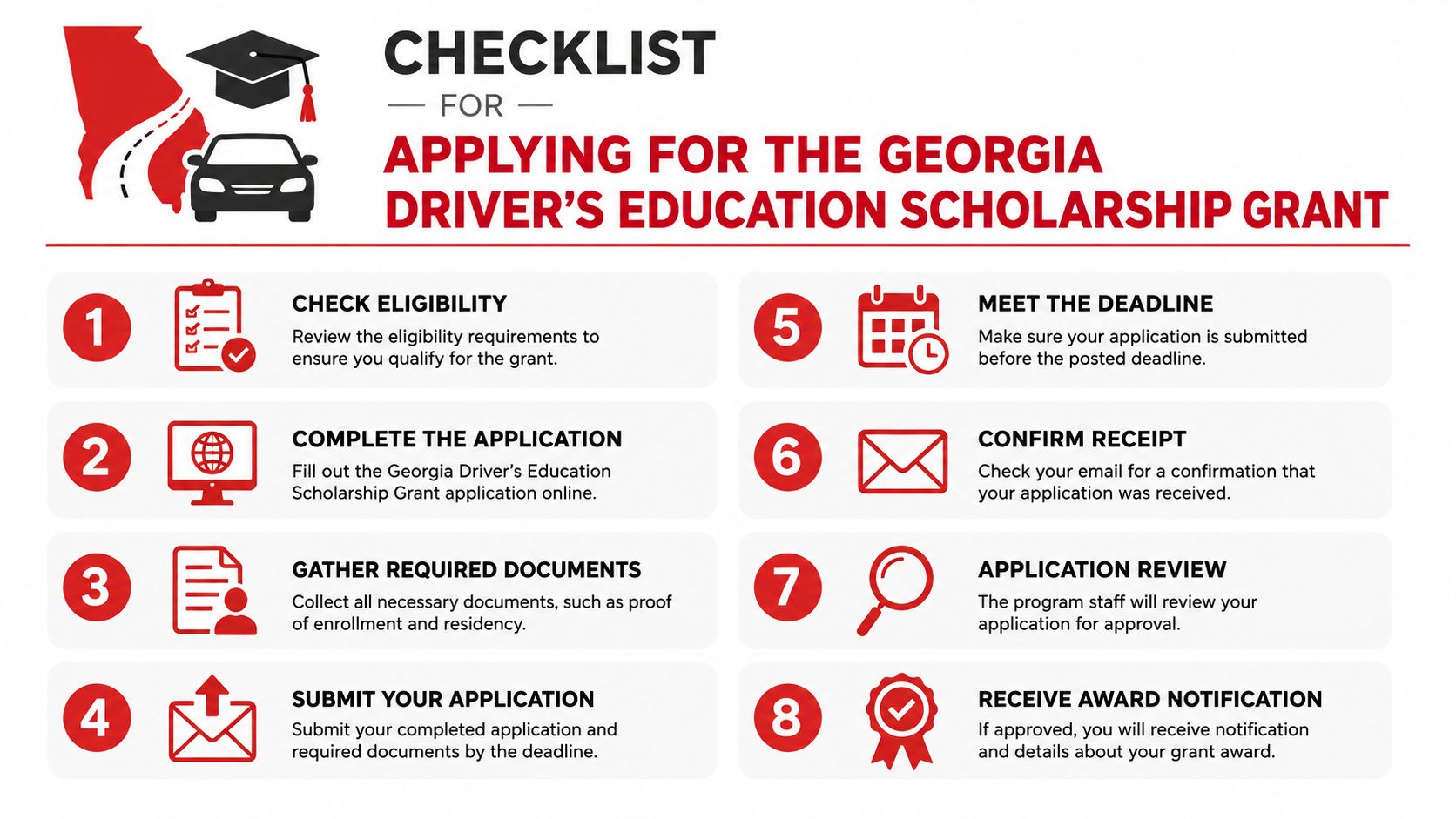 An eight-step instructional checklist for applying to the Georgia Driver's Education Scholarship Grant program.
