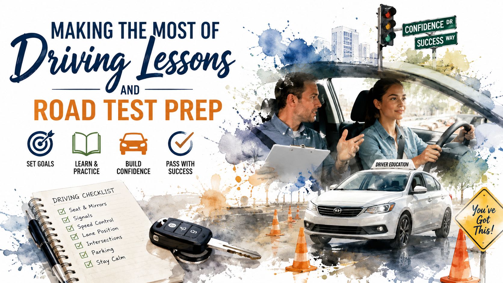A driving instructor sits with a student in a car, alongside a checklist and educational icons.