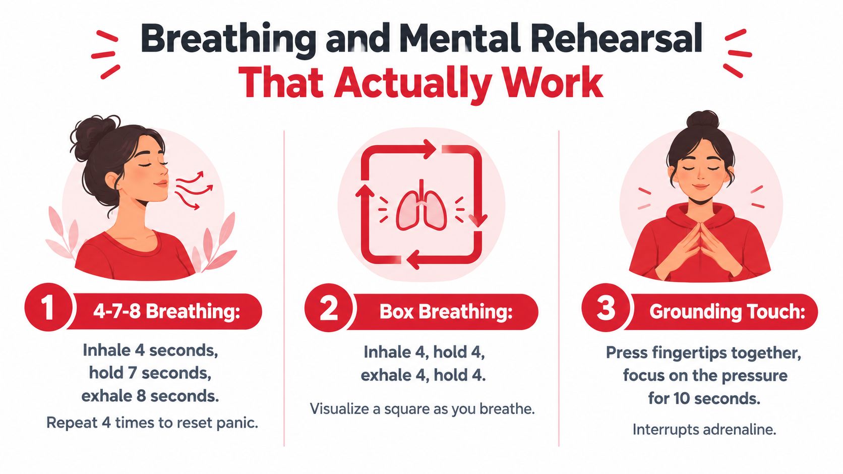 An infographic illustrating three calming techniques: 4-7-8 breathing, box breathing, and a grounding touch exercise.