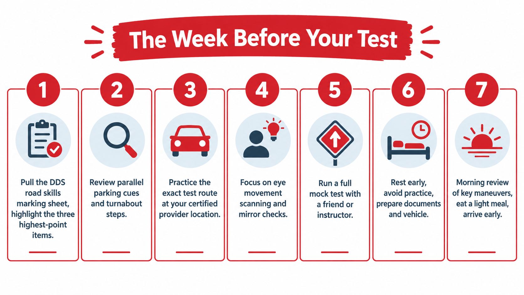 A seven-step infographic guide titled The Week Before Your Test providing driving test preparation tips.