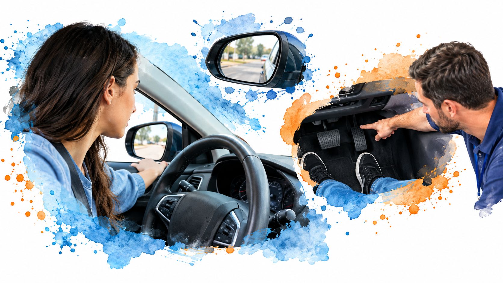 A driving instructor pointing to car pedals while teaching a student in a dual control vehicle.