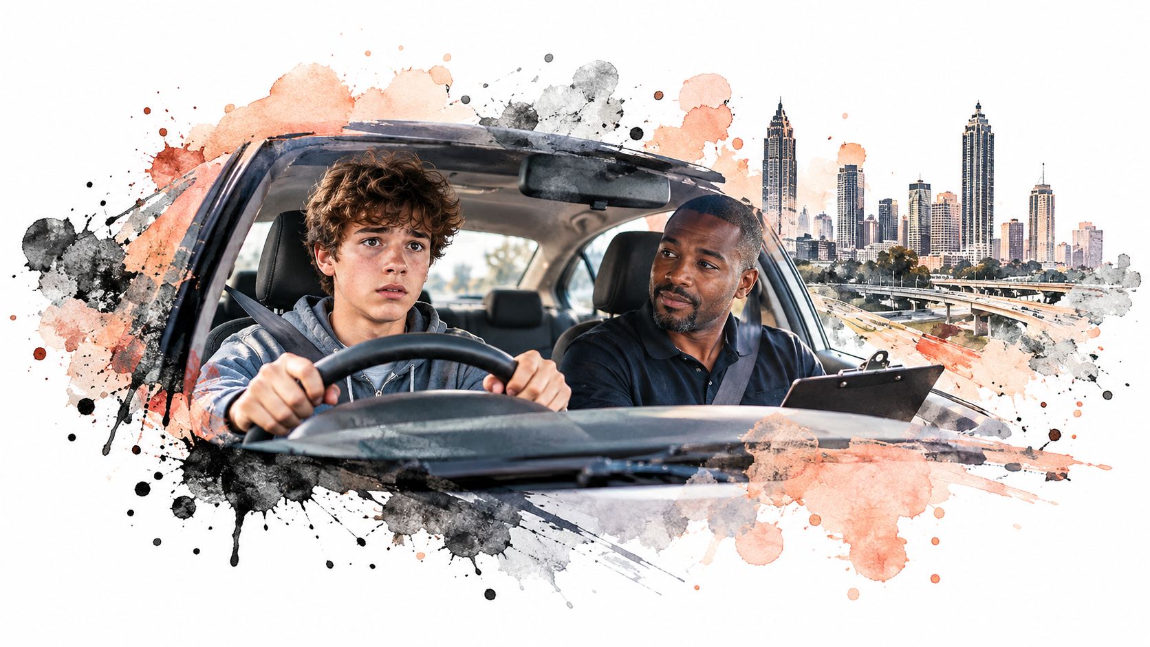 A driving instructor evaluating a young student driver behind the steering wheel of a car.
