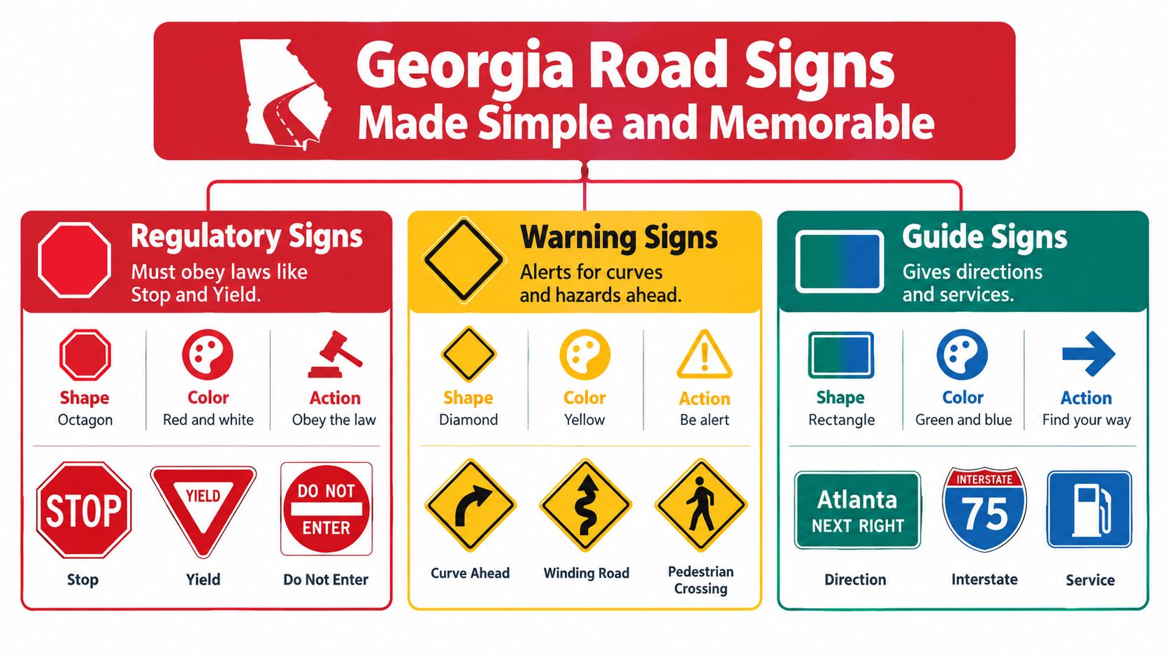 An infographic titled Georgia Road Signs explaining Regulatory, Warning, and Guide signs with shapes, colors, and examples.
