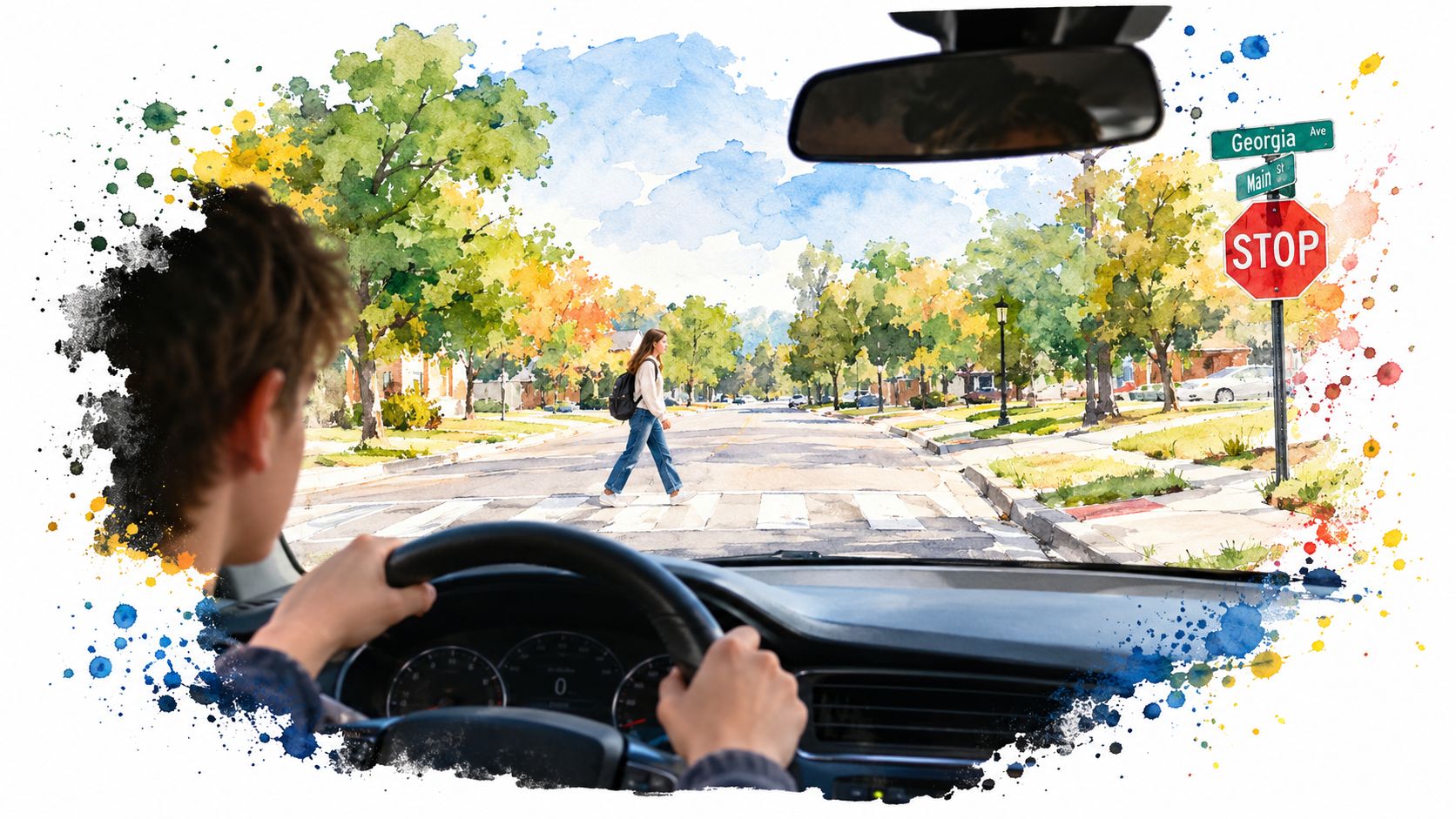 A person driving a car stops at a crosswalk while a student walks across the street.